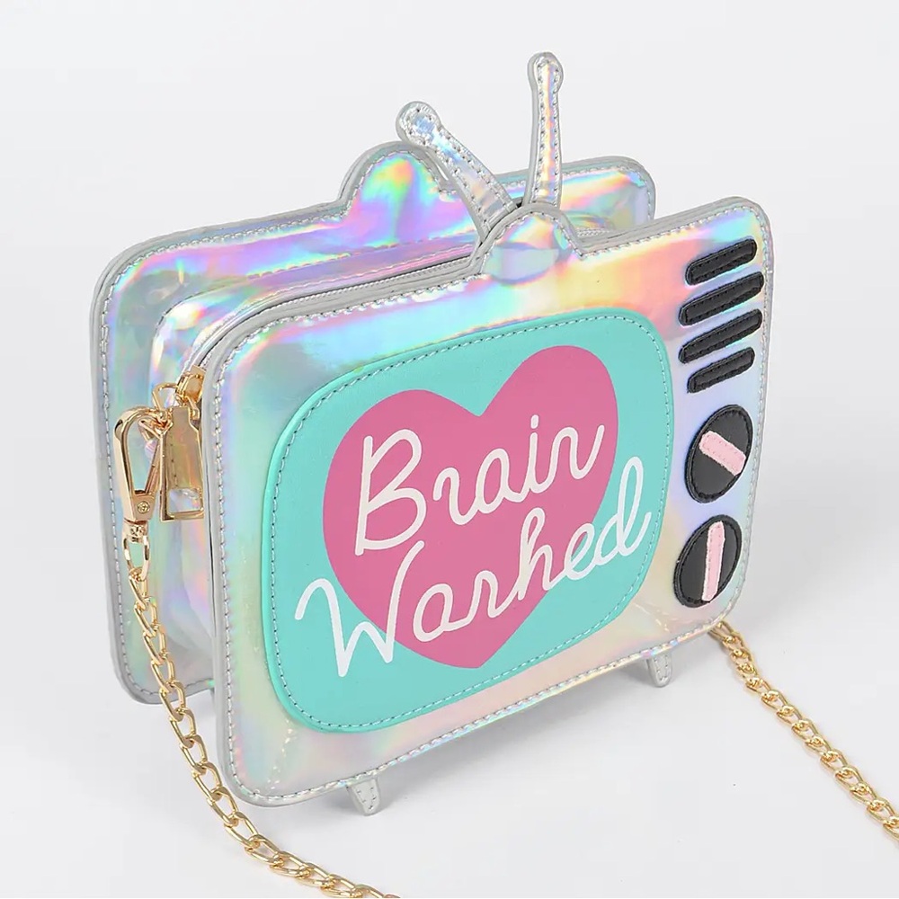 Holographic TV-Shaped Crossbody Bag with Brain Washed Text - Picture 2 of 3